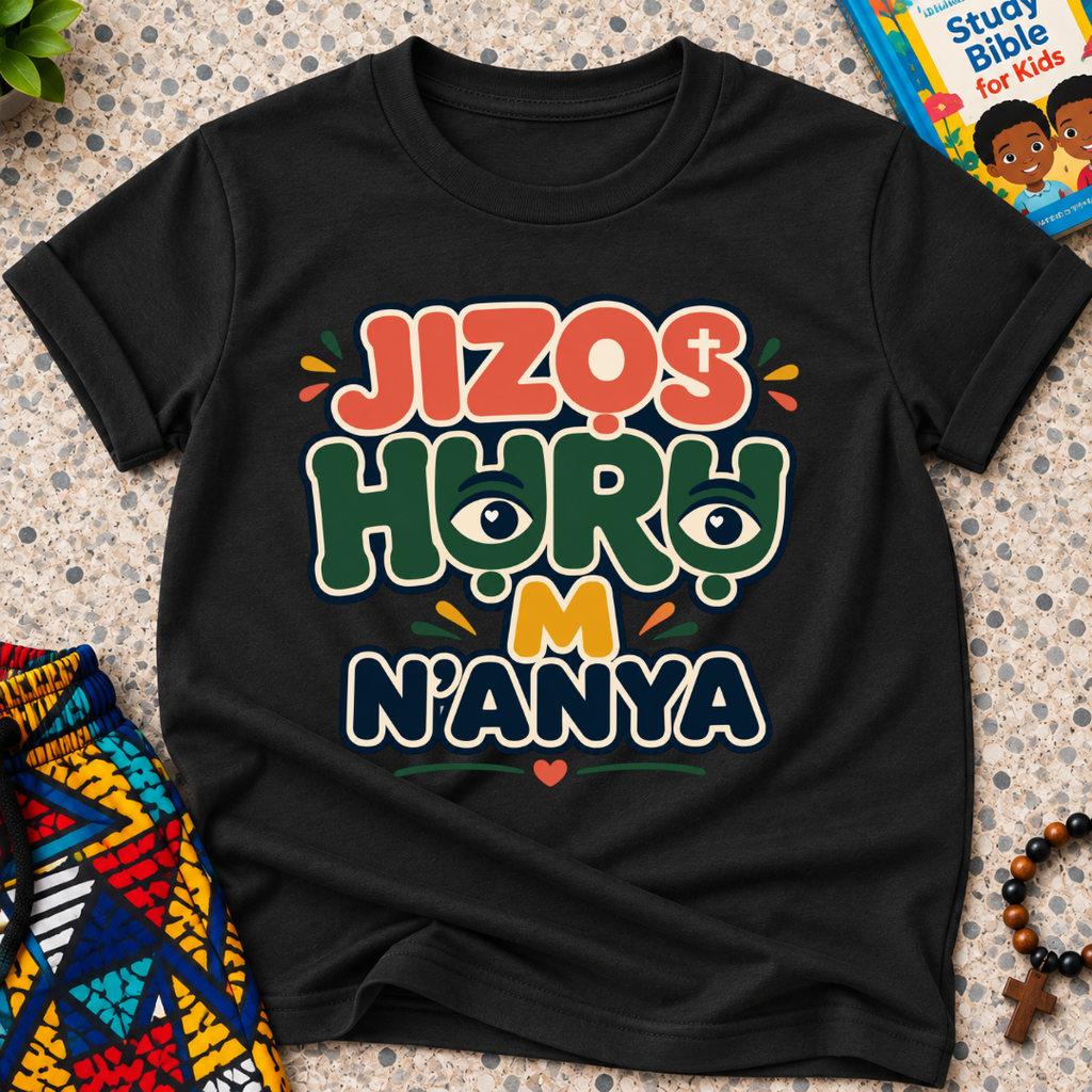 Jizọs Huru M N'anya Igbo Christian kids shirt in black featuring bold colourful lettering and decorative accents
