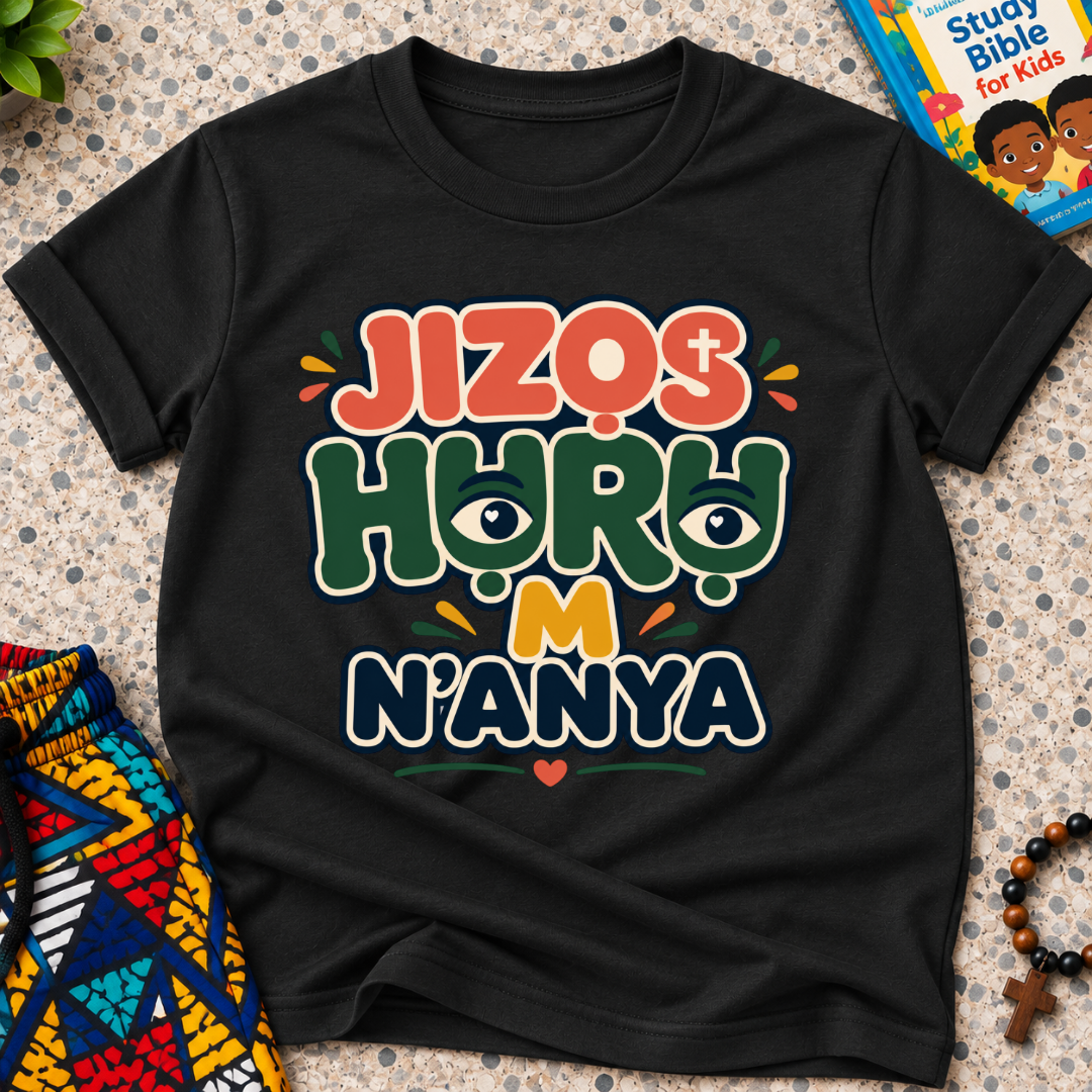 Jizọs Huru M N'anya Igbo Christian kids shirt in black featuring bold colourful lettering and decorative accents
