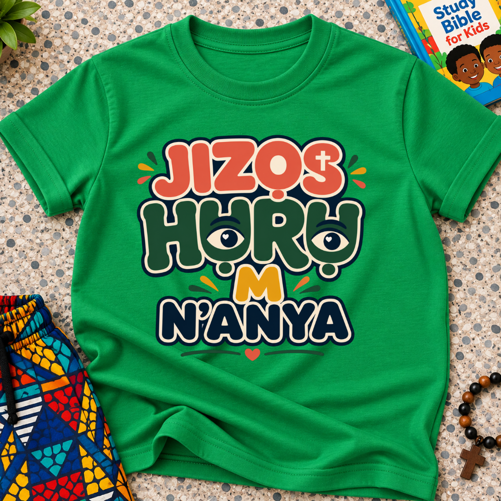 Jizọs Huru M N'anya Igbo Christian kids shirt in green featuring bold colourful lettering and decorative accents
