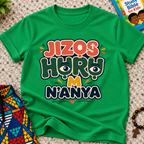 Jizọs Huru M N'anya Igbo Christian kids shirt in green featuring bold colourful lettering and decorative accents
