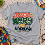 Jizọs Huru M N'anya Igbo Christian kids shirt in grey featuring bold colourful lettering and decorative accents
