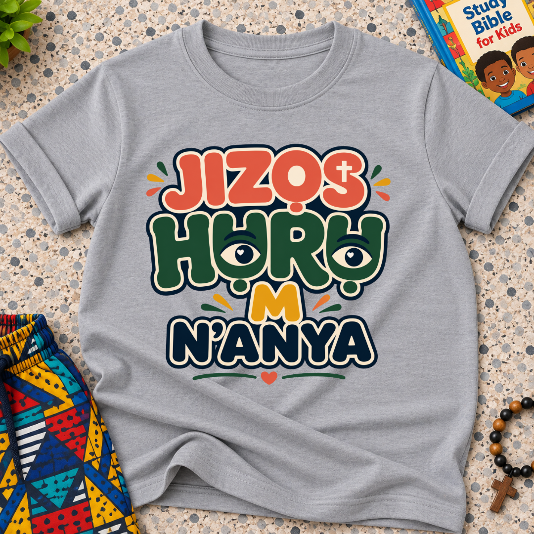 Jizọs Huru M N'anya Igbo Christian kids shirt in grey featuring bold colourful lettering and decorative accents

