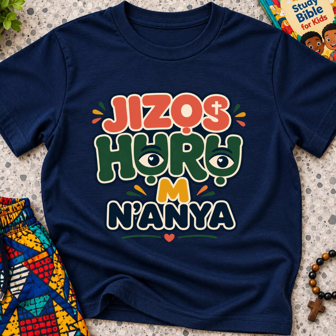 Jizọs Huru M N'anya Igbo Christian kids shirt in navy blue featuring bold colourful lettering and decorative accents
