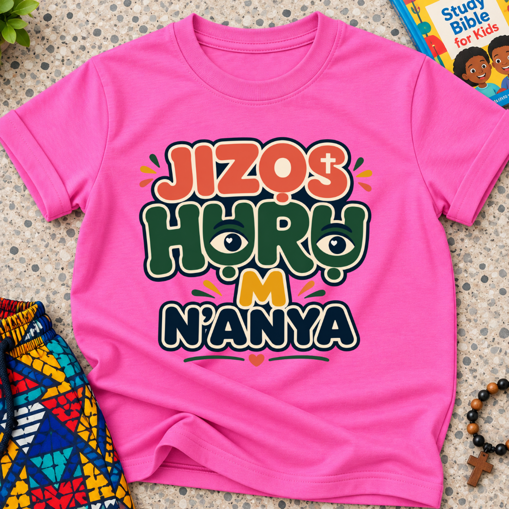 Jizọs Huru M N'anya Igbo Christian kids shirt in pink featuring bold colourful lettering and decorative accents
