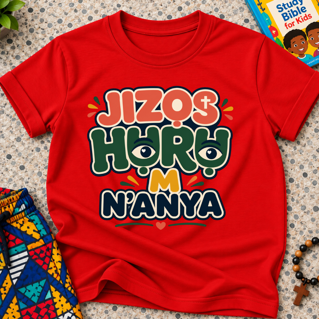 Jizọs Huru M N'anya Igbo Christian kids shirt in red featuring bold colourful lettering and decorative accents
