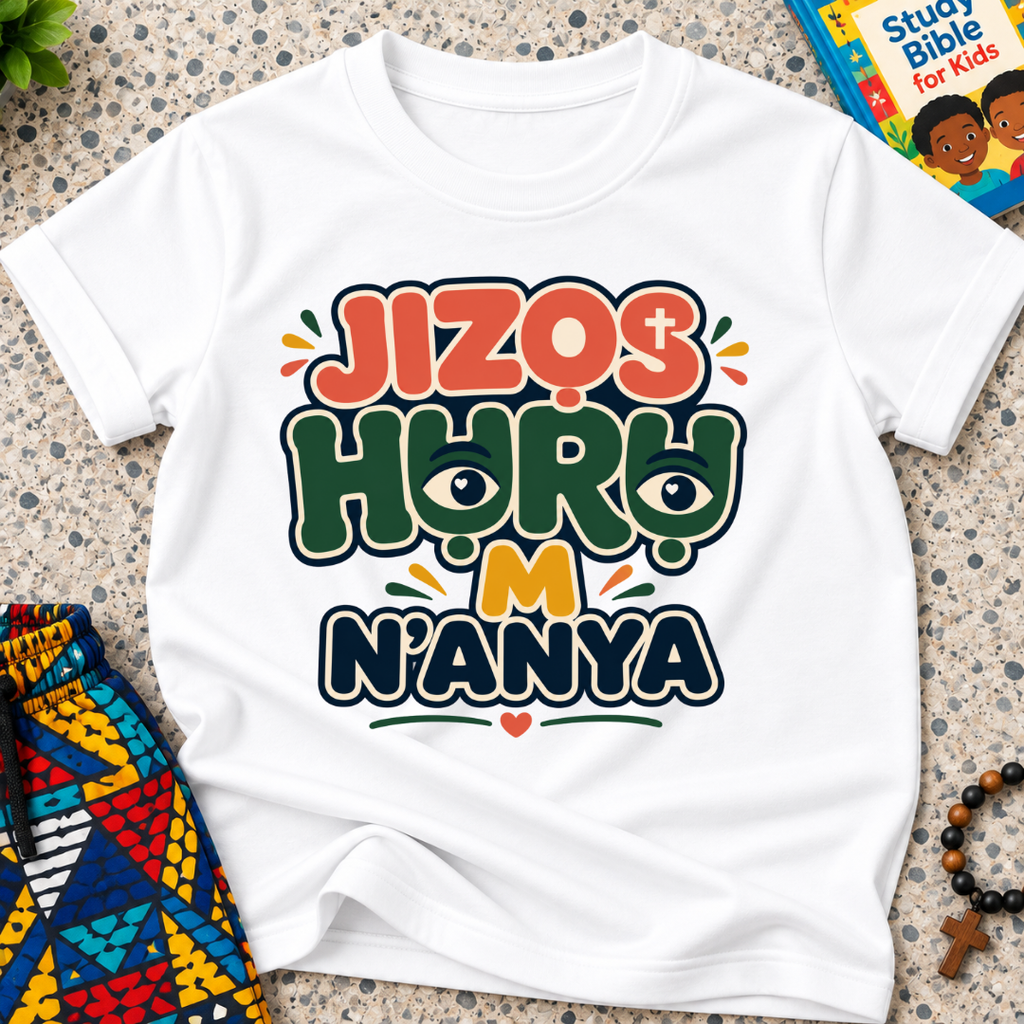 Jizọs Huru M N'anya Igbo Christian kids shirt in white featuring bold colourful lettering and decorative accents
