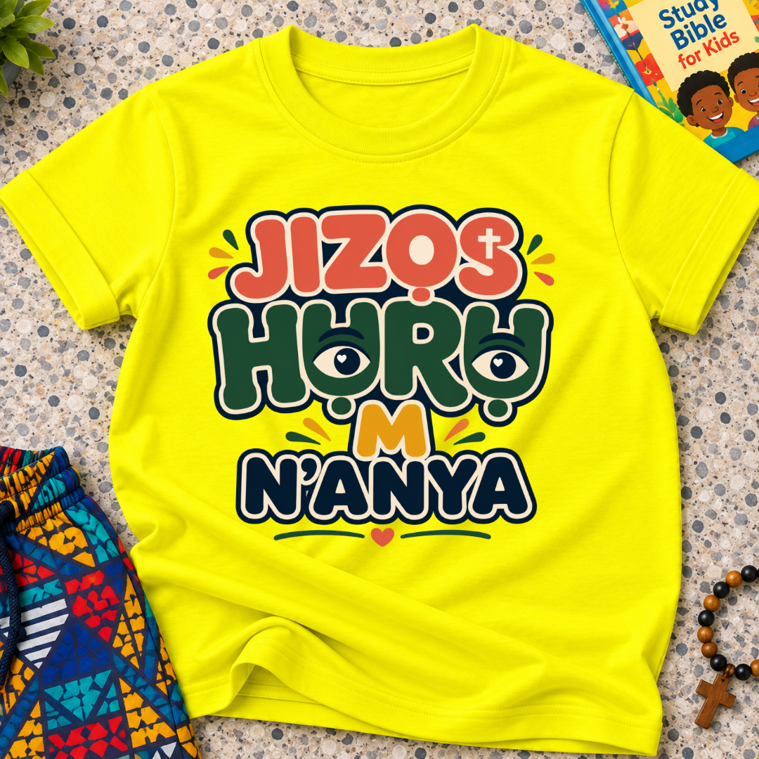 Jizọs Huru M N'anya Igbo Christian kids shirt in yellow featuring bold colourful lettering and decorative accents
