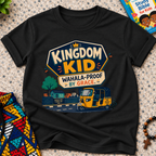 Kingdom Wahala-Proof by Grace Christian kids shirt in black featuring a colourful Nigerian bus and faith-inspired artwork
