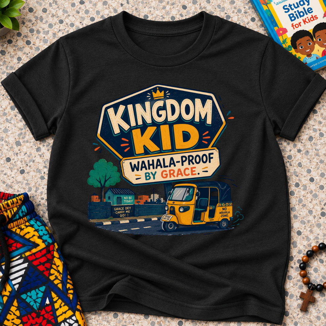 Kingdom Wahala-Proof by Grace Christian kids shirt in black featuring a colourful Nigerian bus and faith-inspired artwork
