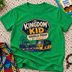 Kingdom Wahala-Proof by Grace Christian kids shirt in green featuring a colourful Nigerian bus and faith-inspired artwork
