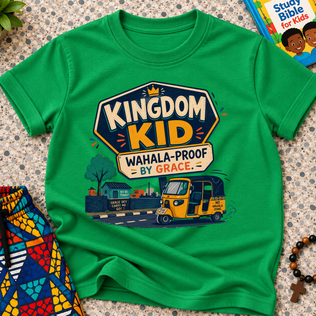 Kingdom Wahala-Proof by Grace Christian kids shirt in green featuring a colourful Nigerian bus and faith-inspired artwork
