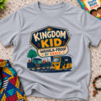 Kingdom Wahala-Proof by Grace Christian kids shirt in grey featuring a colourful Nigerian bus and faith-inspired artwork
