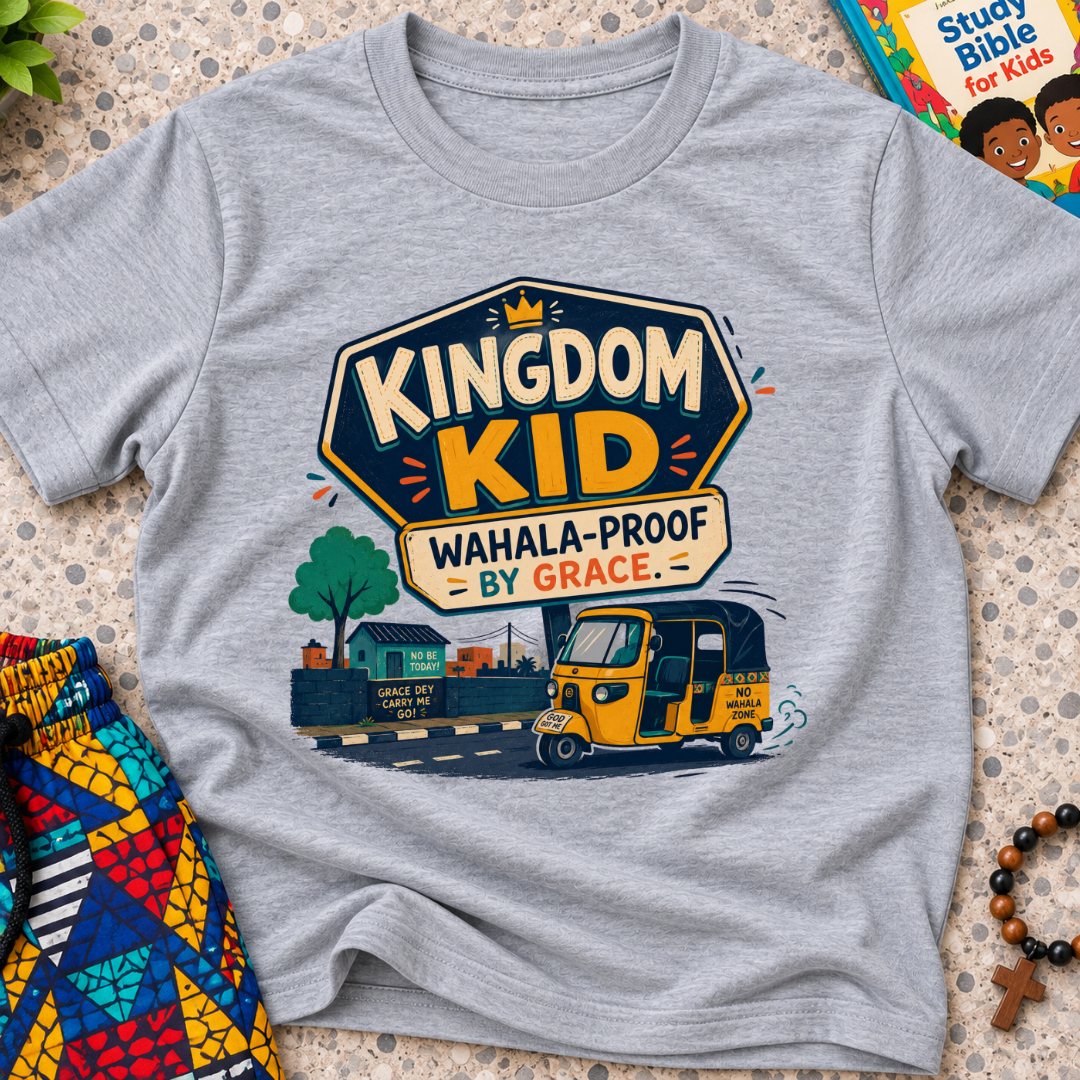 Kingdom Wahala-Proof by Grace Christian kids shirt in grey featuring a colourful Nigerian bus and faith-inspired artwork
