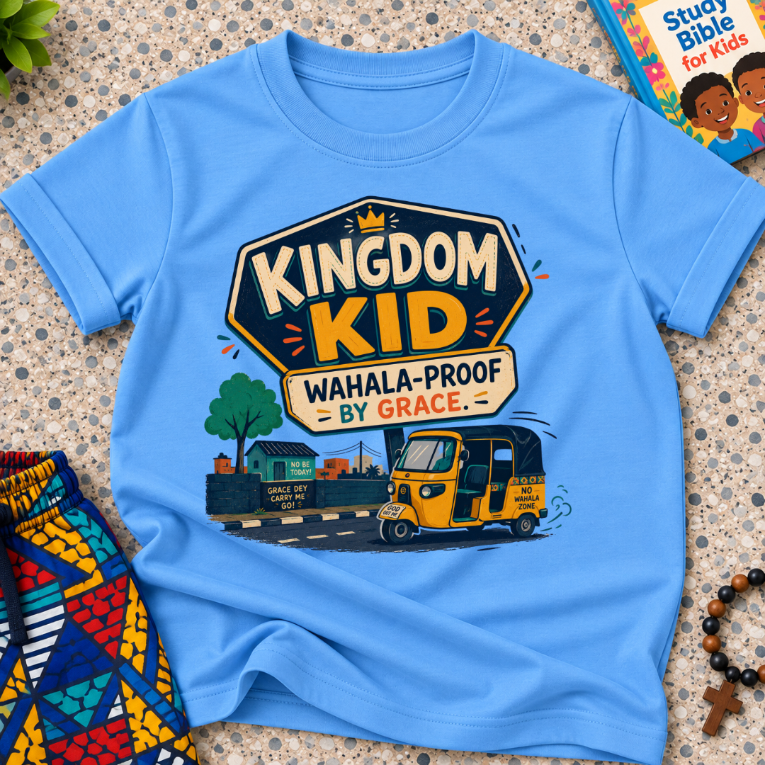 Kingdom Wahala-Proof by Grace Christian kids shirt in light blue featuring a colourful Nigerian bus and faith-inspired artwork
