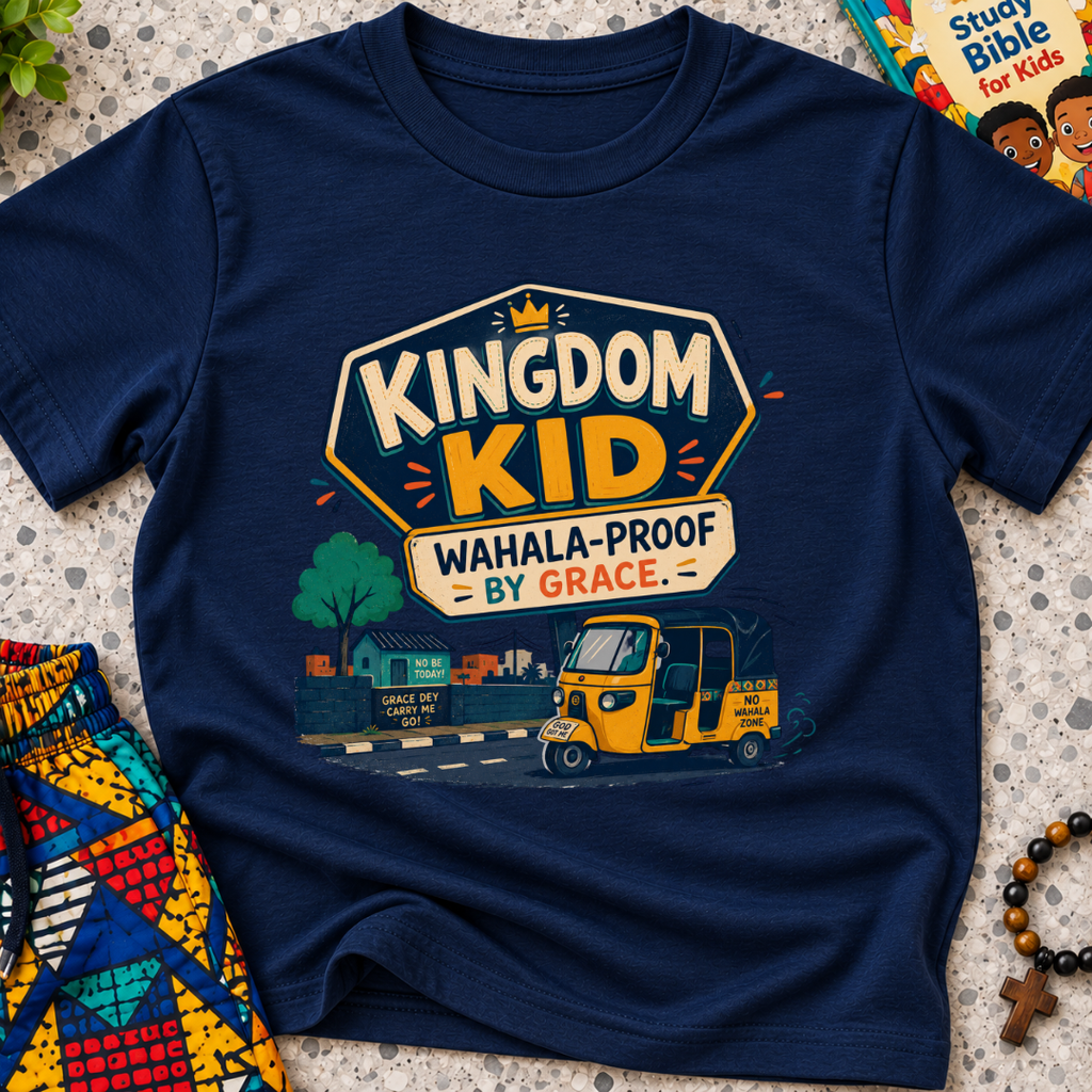 Kingdom Wahala-Proof by Grace Christian kids shirt in navy blue featuring a colourful Nigerian bus and faith-inspired artwork
