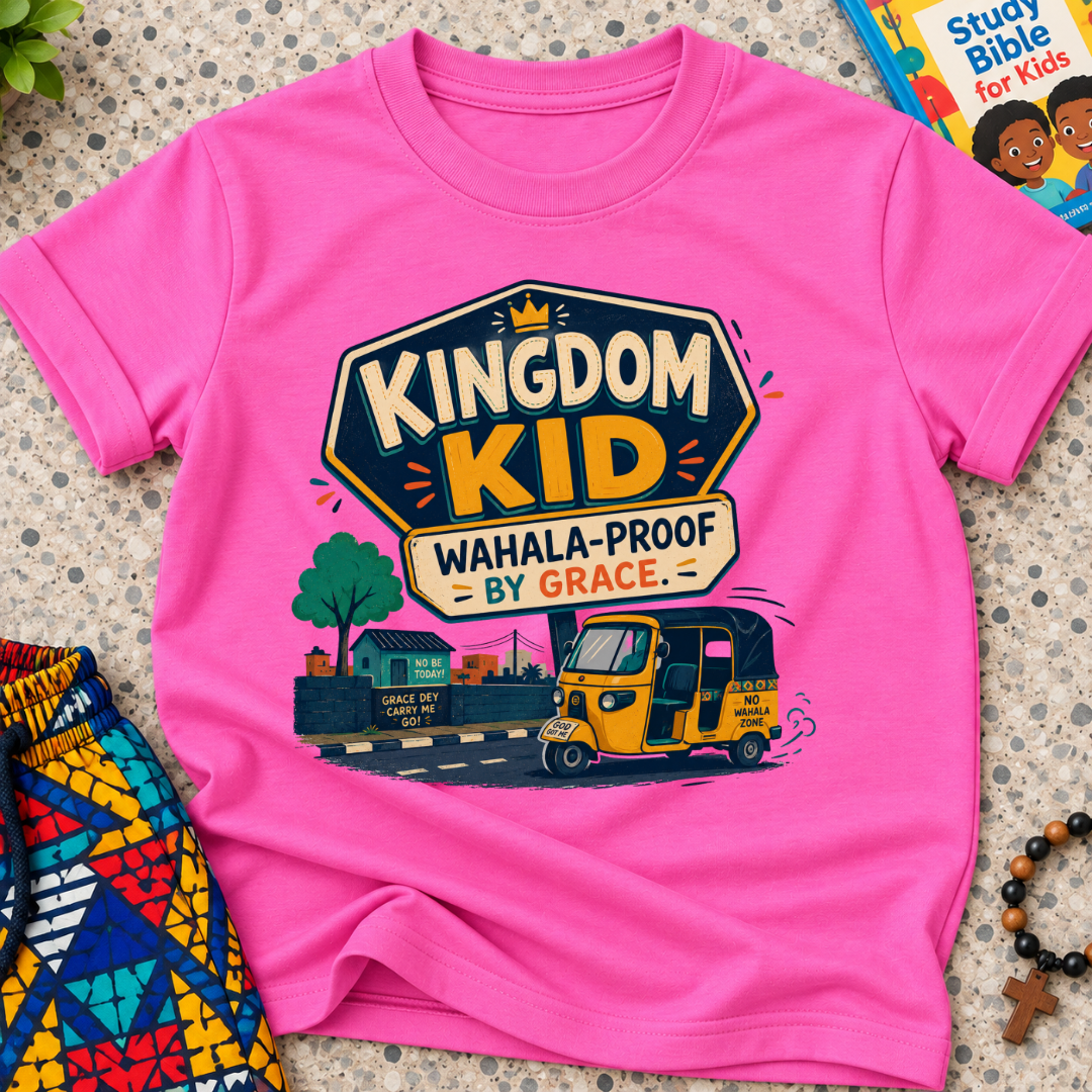 Kingdom Wahala-Proof by Grace Christian kids shirt in pink featuring a colourful Nigerian bus and faith-inspired artwork
