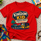 Kingdom Wahala-Proof by Grace Christian kids shirt in red featuring a colourful Nigerian bus and faith-inspired artwork
