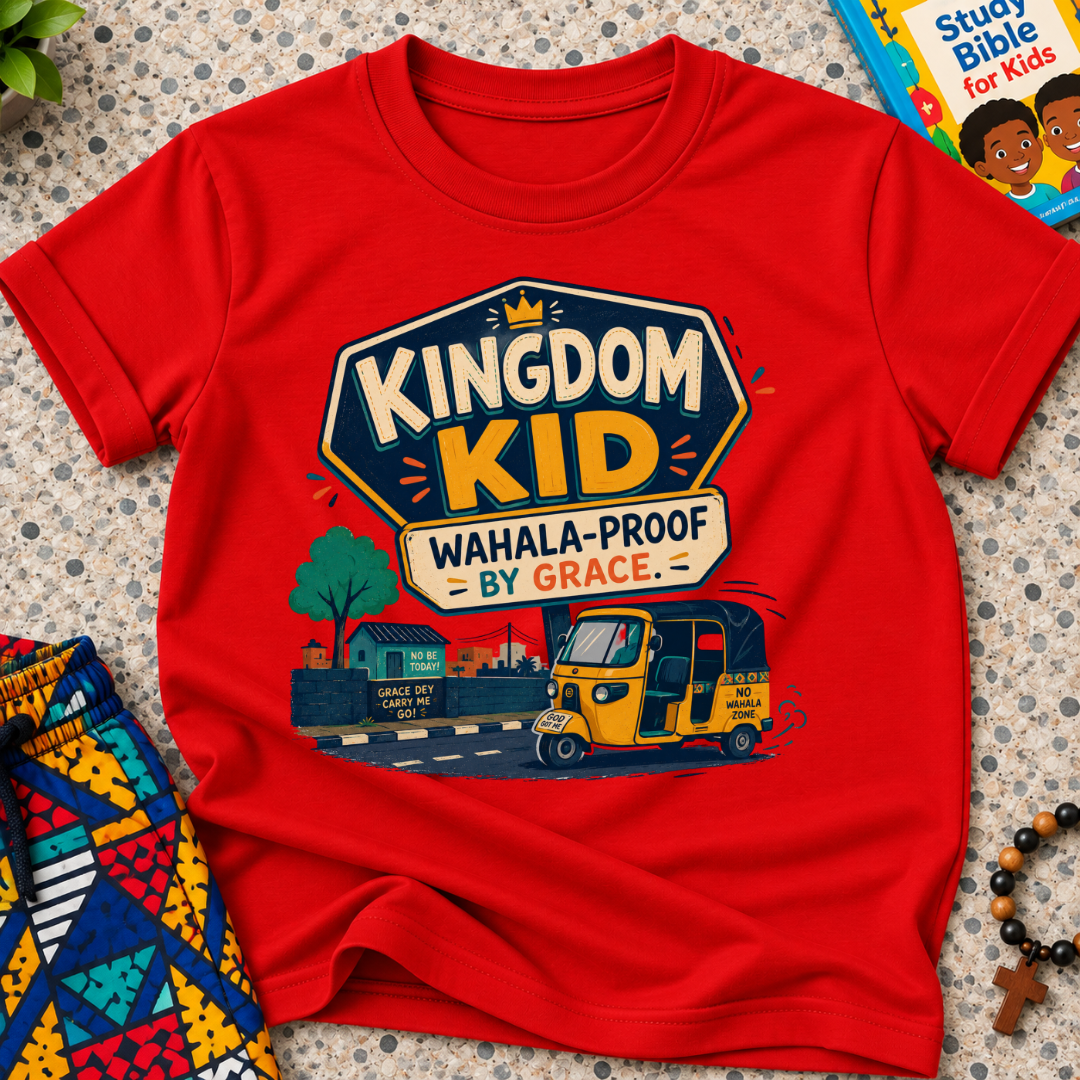 Kingdom Wahala-Proof by Grace Christian kids shirt in red featuring a colourful Nigerian bus and faith-inspired artwork
