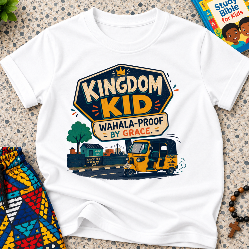Kingdom Wahala-Proof by Grace Christian kids shirt in white featuring a colourful Nigerian bus and faith-inspired artwork

