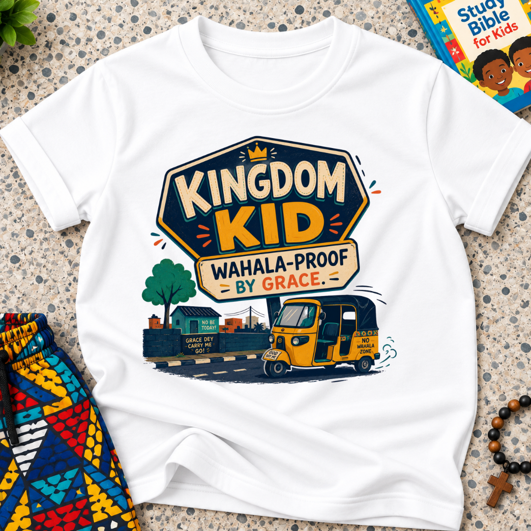 Kingdom Wahala-Proof by Grace Christian kids shirt in white featuring a colourful Nigerian bus and faith-inspired artwork

