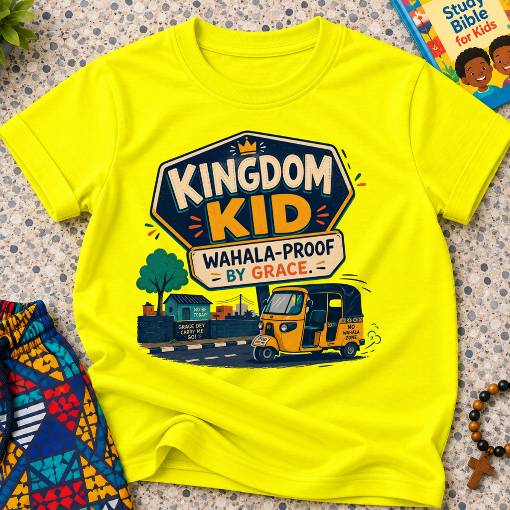 Kingdom Wahala-Proof by Grace Christian kids shirt in yellow featuring a colourful Nigerian bus and faith-inspired artwork
