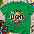 Light of the World Christian kids shirt in green featuring a cross, radiant rays, and bold faith-inspired lettering
