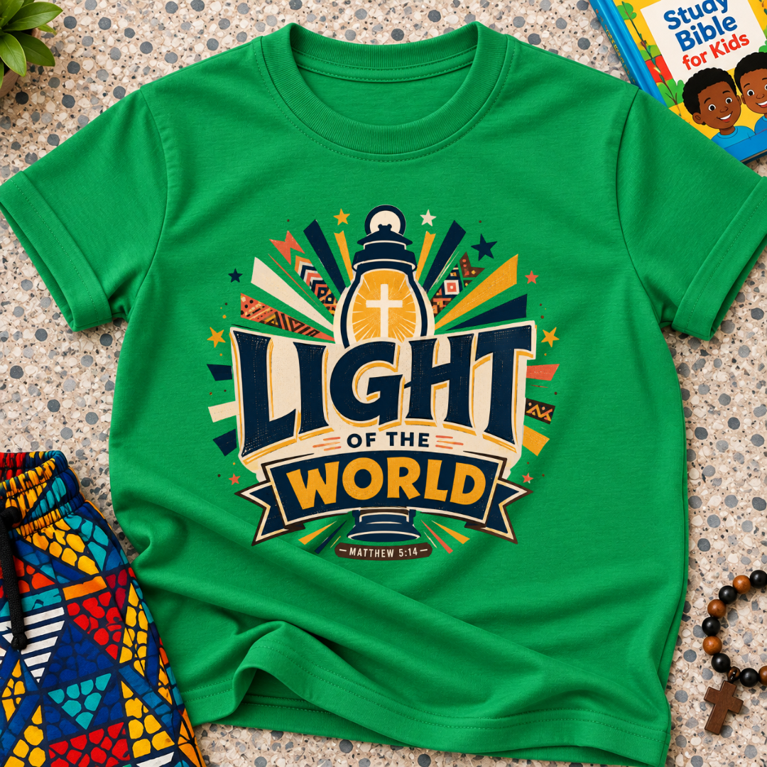 Light of the World Christian kids shirt in green featuring a cross, radiant rays, and bold faith-inspired lettering
