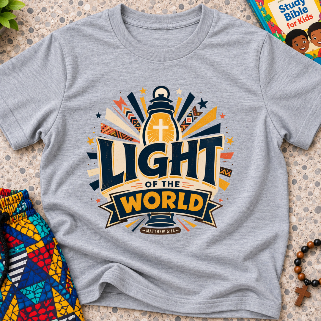 Light of the World Christian kids shirt in grey featuring a cross, radiant rays, and bold faith-inspired lettering
