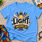 Light of the World Christian kids shirt in light blue featuring a cross, radiant rays, and bold faith-inspired lettering
