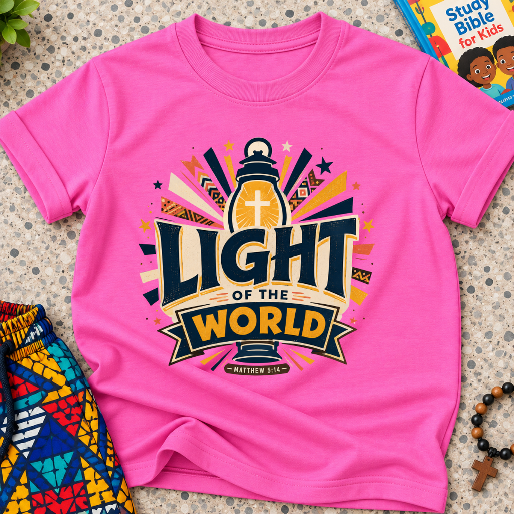 Light of the World Christian kids shirt in pink featuring a cross, radiant rays, and bold faith-inspired lettering

