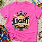Light of the World Christian kids shirt in pink featuring a cross, radiant rays, and bold faith-inspired lettering
