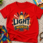 Light of the World Christian kids shirt in red featuring a cross, radiant rays, and bold faith-inspired lettering
