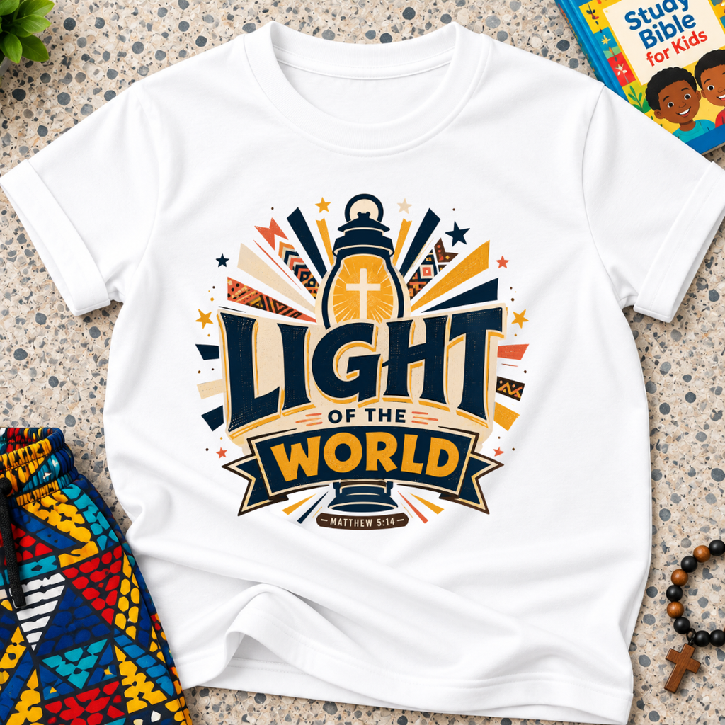 Light of the World Christian kids shirt in white featuring a cross, radiant rays, and bold faith-inspired lettering
