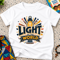 Light of the World Christian kids shirt in white featuring a cross, radiant rays, and bold faith-inspired lettering

