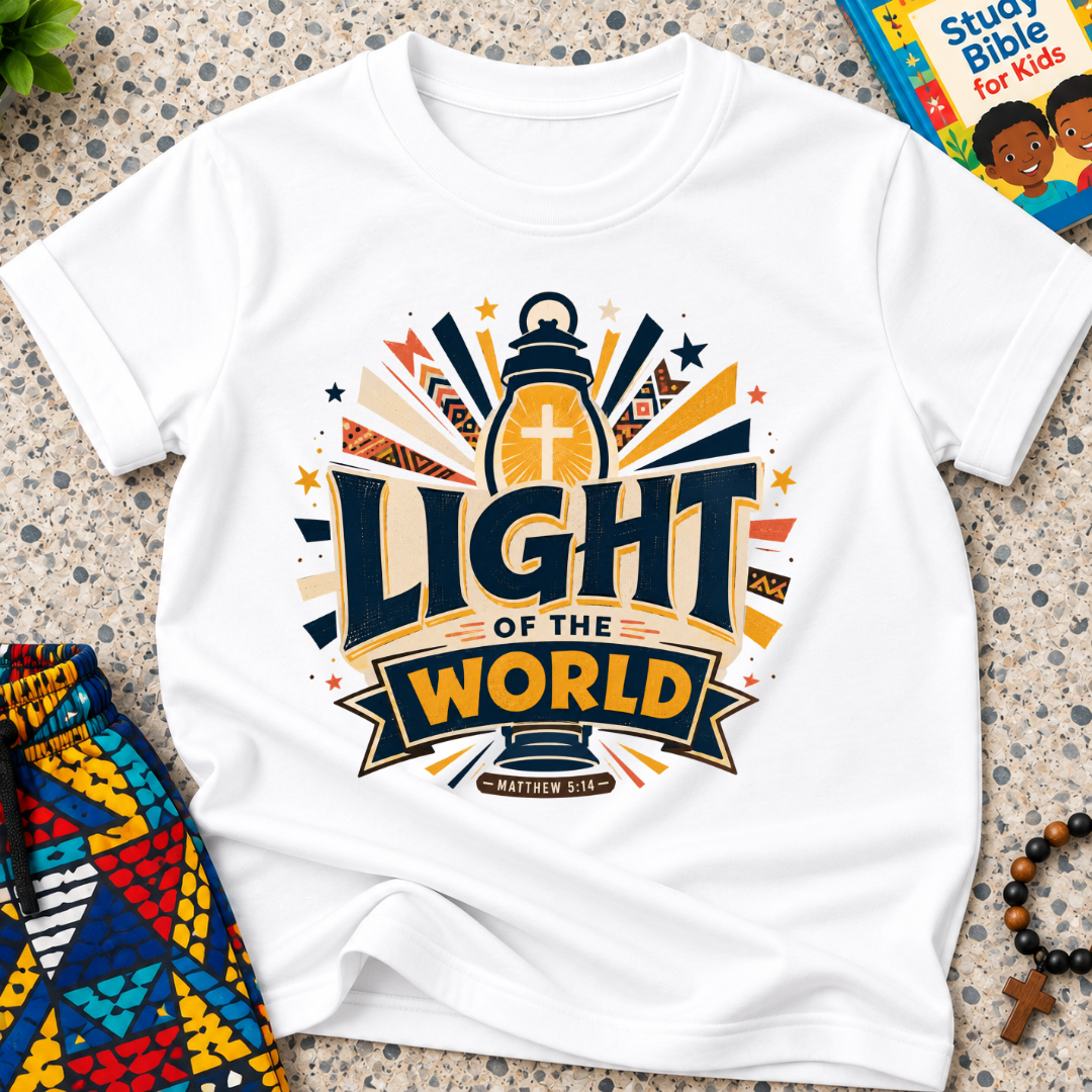Light of the World Christian kids shirt in white featuring a cross, radiant rays, and bold faith-inspired lettering
