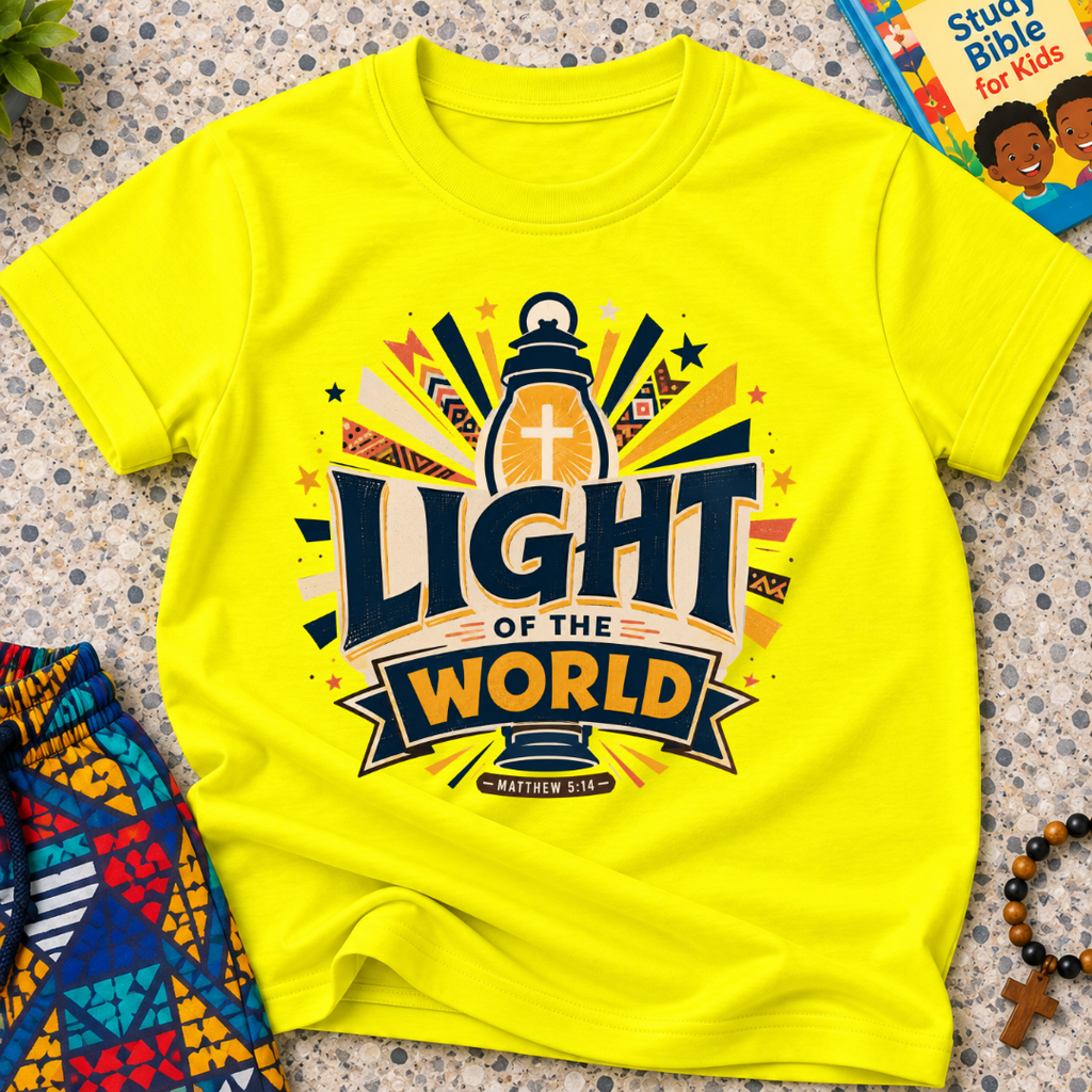 Light of the World Christian kids shirt in yellow featuring a cross, radiant rays, and bold faith-inspired lettering
