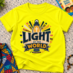 Light of the World Christian kids shirt in yellow featuring a cross, radiant rays, and bold faith-inspired lettering
