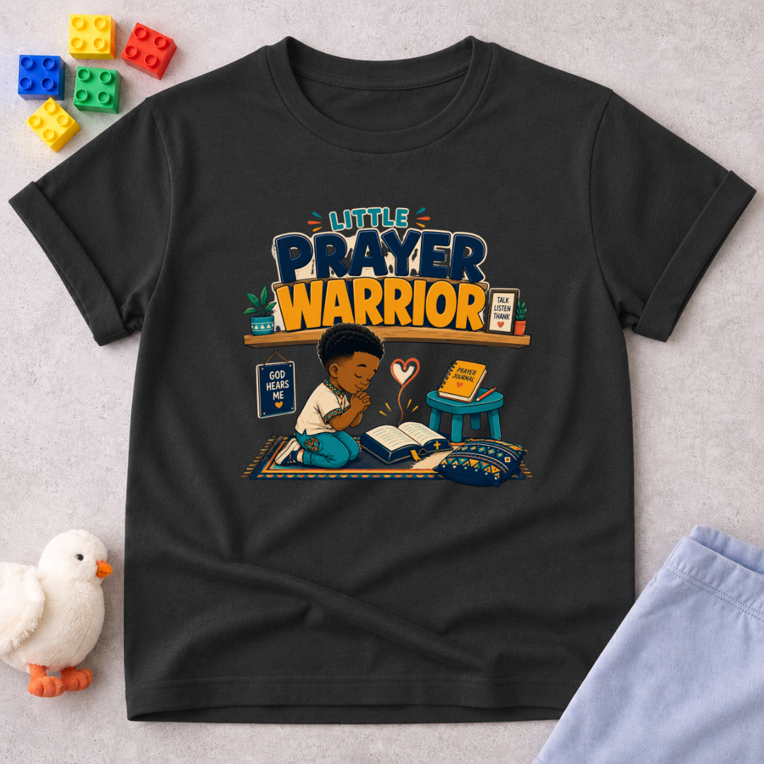 Little Prayer Warrior Christian kids shirt in black featuring a child praying with colourful faith-inspired artwork
