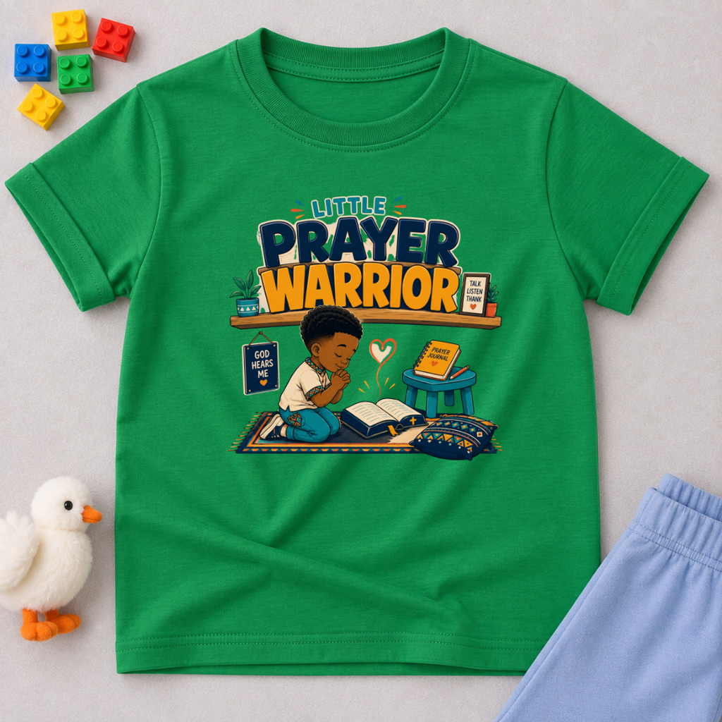 Little Prayer Warrior Christian kids shirt in green featuring a child praying with colourful faith-inspired artwork
