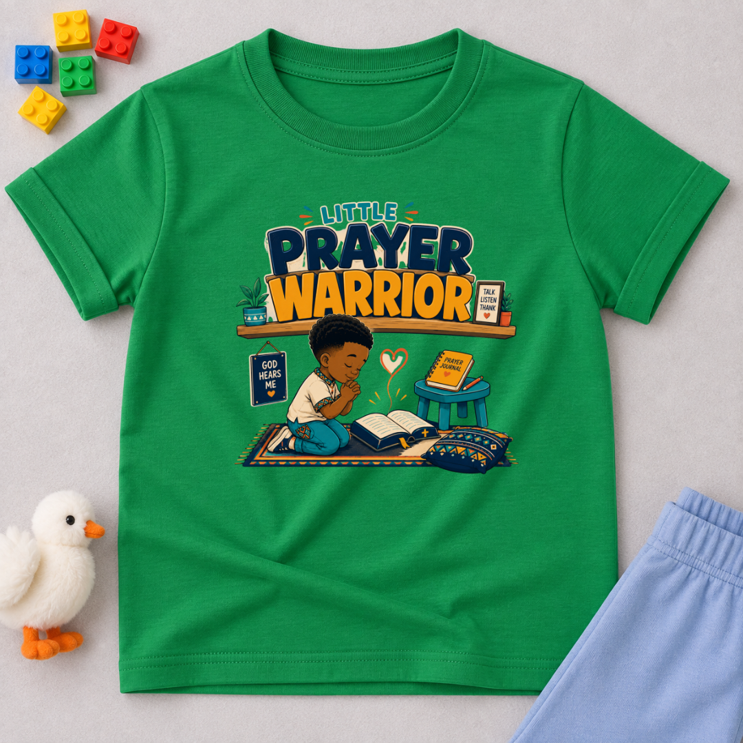 Little Prayer Warrior Christian kids shirt in green featuring a child praying with colourful faith-inspired artwork
