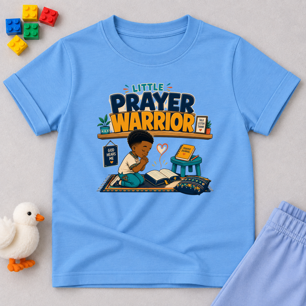 Little Prayer Warrior Christian kids shirt in light blue featuring a child praying with colourful faith-inspired artwork
