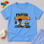 Little Prayer Warrior Christian kids shirt in light blue featuring a child praying with colourful faith-inspired artwork
