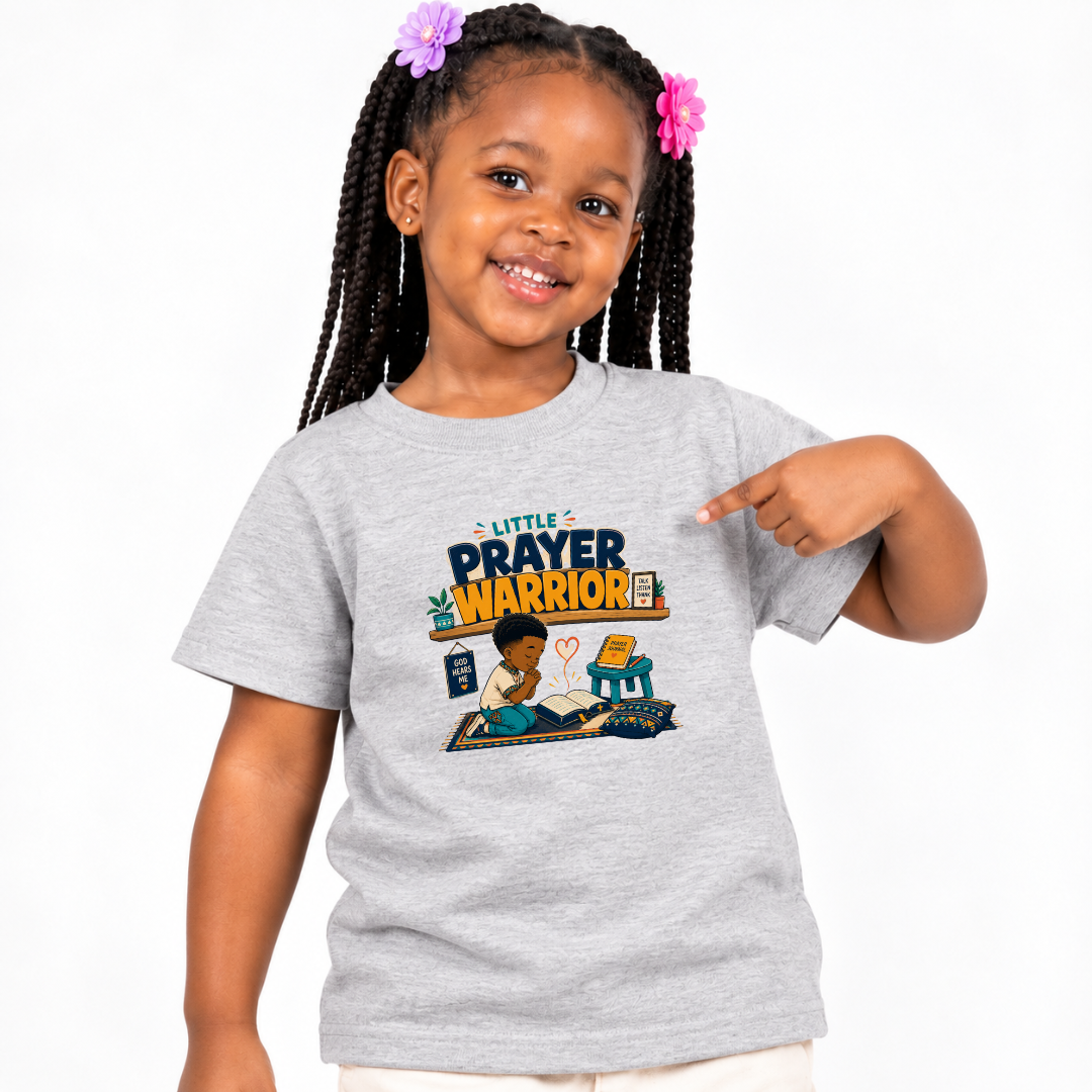 Little Prayer Warrior Christian kids shirt in light grey featuring a child praying with colourful faith-inspired artwork
