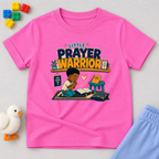 Little Prayer Warrior Christian kids shirt in pink featuring a child praying with colourful faith-inspired artwork

