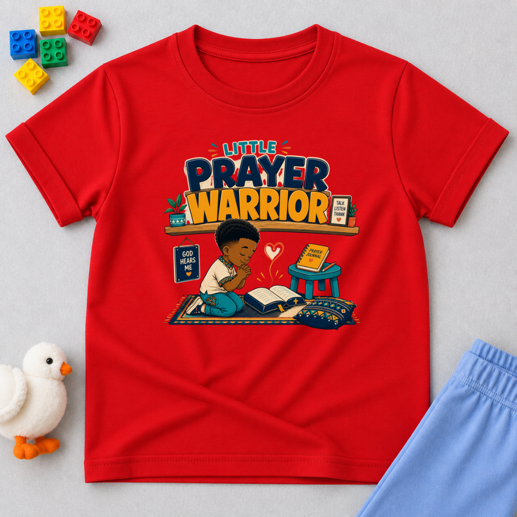 Little Prayer Warrior Christian kids shirt in red  featuring a child praying with colourful faith-inspired artwork
