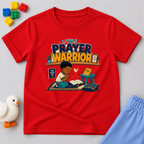 Little Prayer Warrior Christian kids shirt in red  featuring a child praying with colourful faith-inspired artwork

