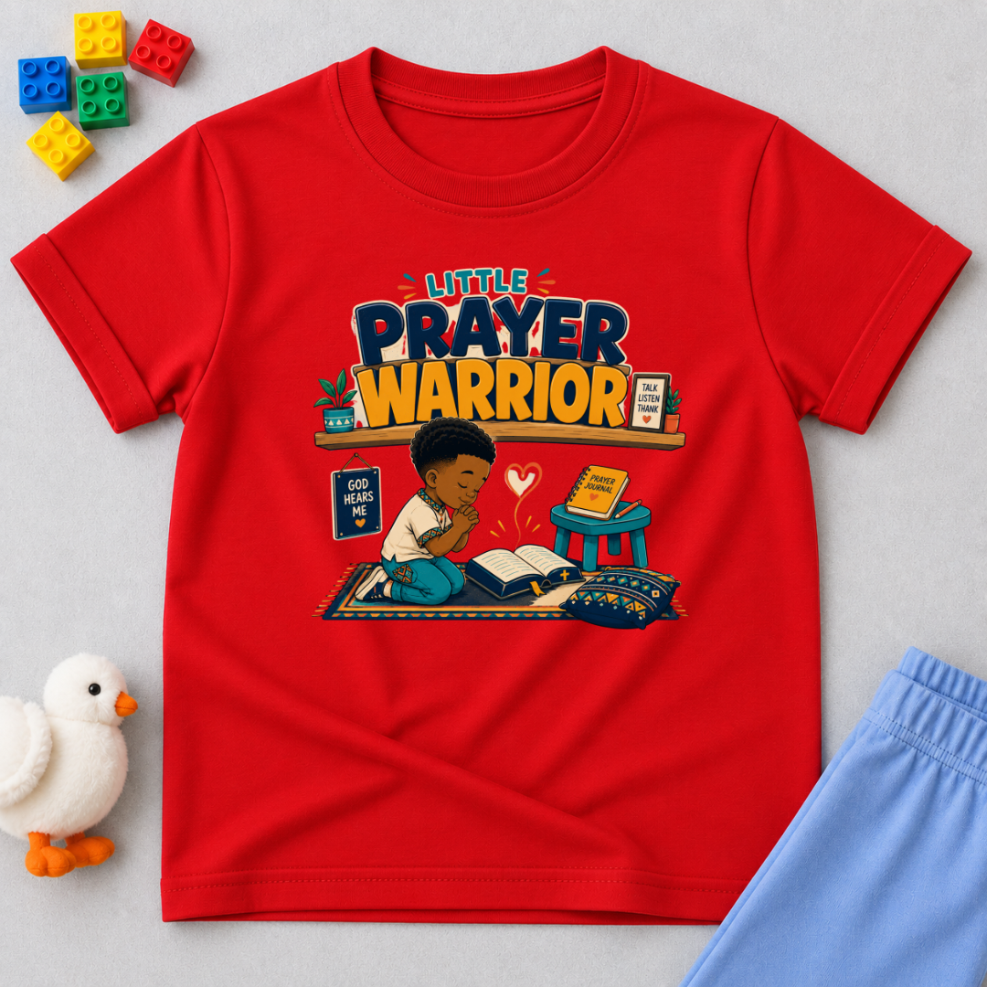 Little Prayer Warrior Christian kids shirt in red  featuring a child praying with colourful faith-inspired artwork
