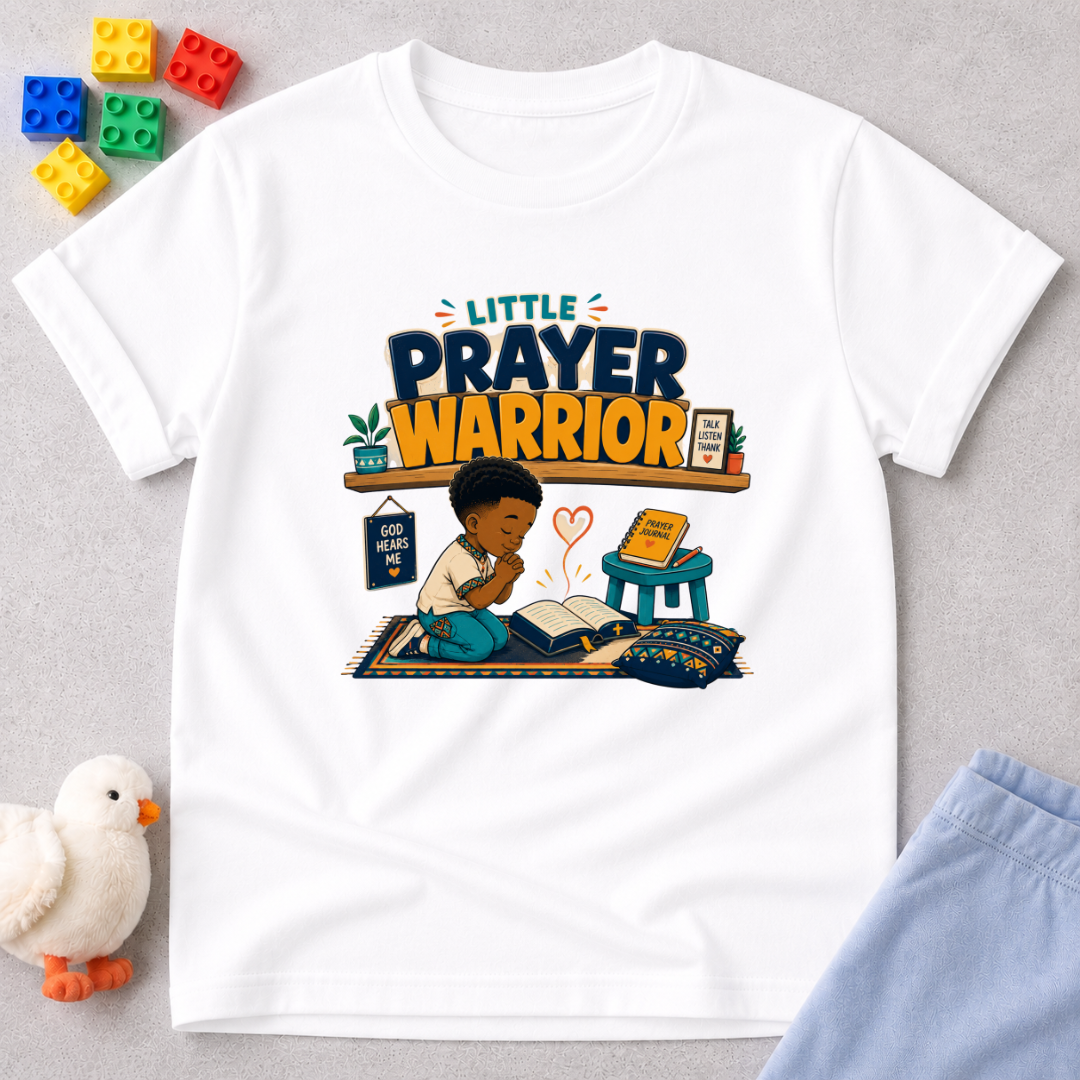 Little Prayer Warrior Christian kids shirt in white featuring a child praying with colourful faith-inspired artwork
