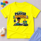 Little Prayer Warrior Christian kids shirt in yellow featuring a child praying with colourful faith-inspired artwork
