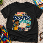 Mummy's Little Prayer Warrior Christian kids shirt in black featuring a child praying beside books and faith-inspired details
